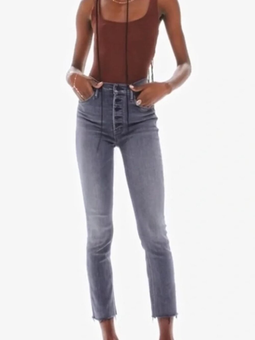 Mother The Pixie Dazzler Ankle Fray Jeans Digging Up Dirt Grey High Rise Size 31